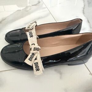 Dior Black Patent Leather Flats with Cream Bow